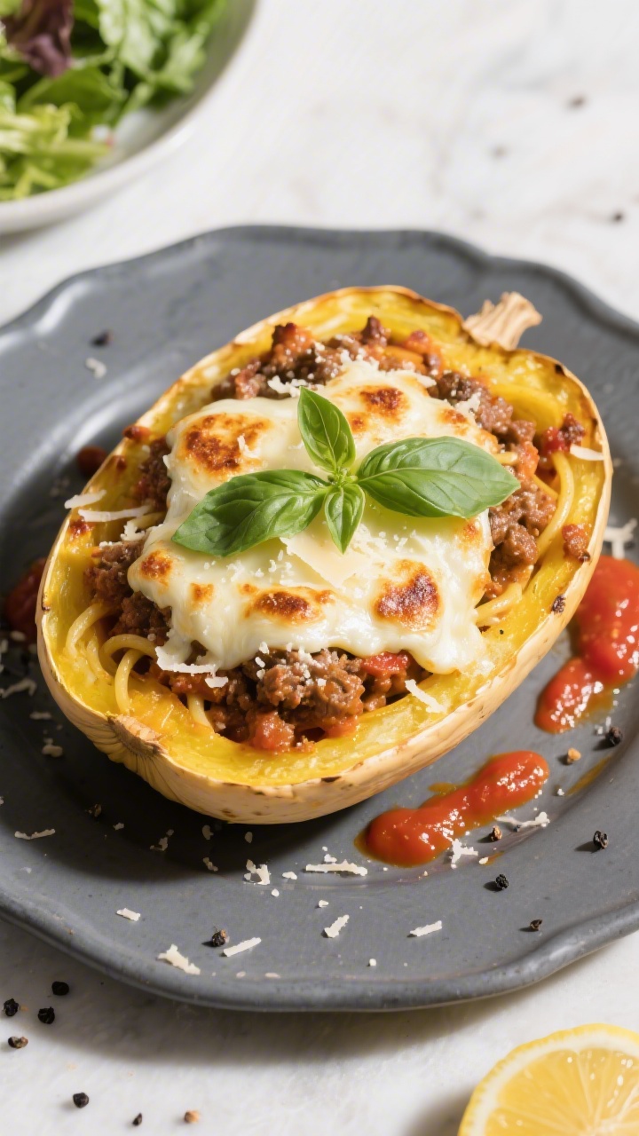 Final dish, overhead hero: Stuffed spaghetti squash with meat sauce finished under the broiler—moz