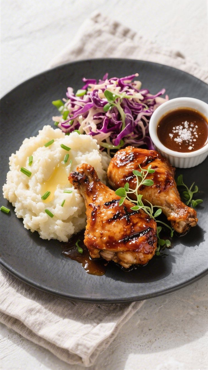 Final dish, overhead: Restaurant-quality plated Melt-In-Your-Mouth Keto BBQ Chicken thighs on a matt