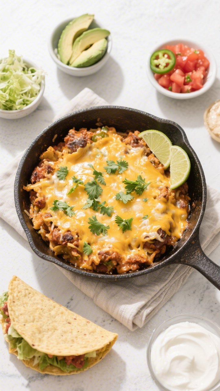 Final dish overhead: Tasty top-down shot of the Keto Million Dollar Taco Skillet served straight fro