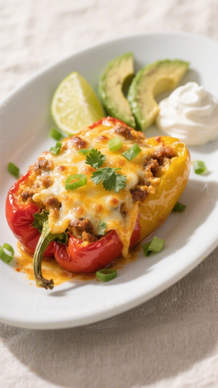 Final dish plated beauty shot: Cheesy Taco Stuffed Peppers fresh from the oven, cheese melted and go