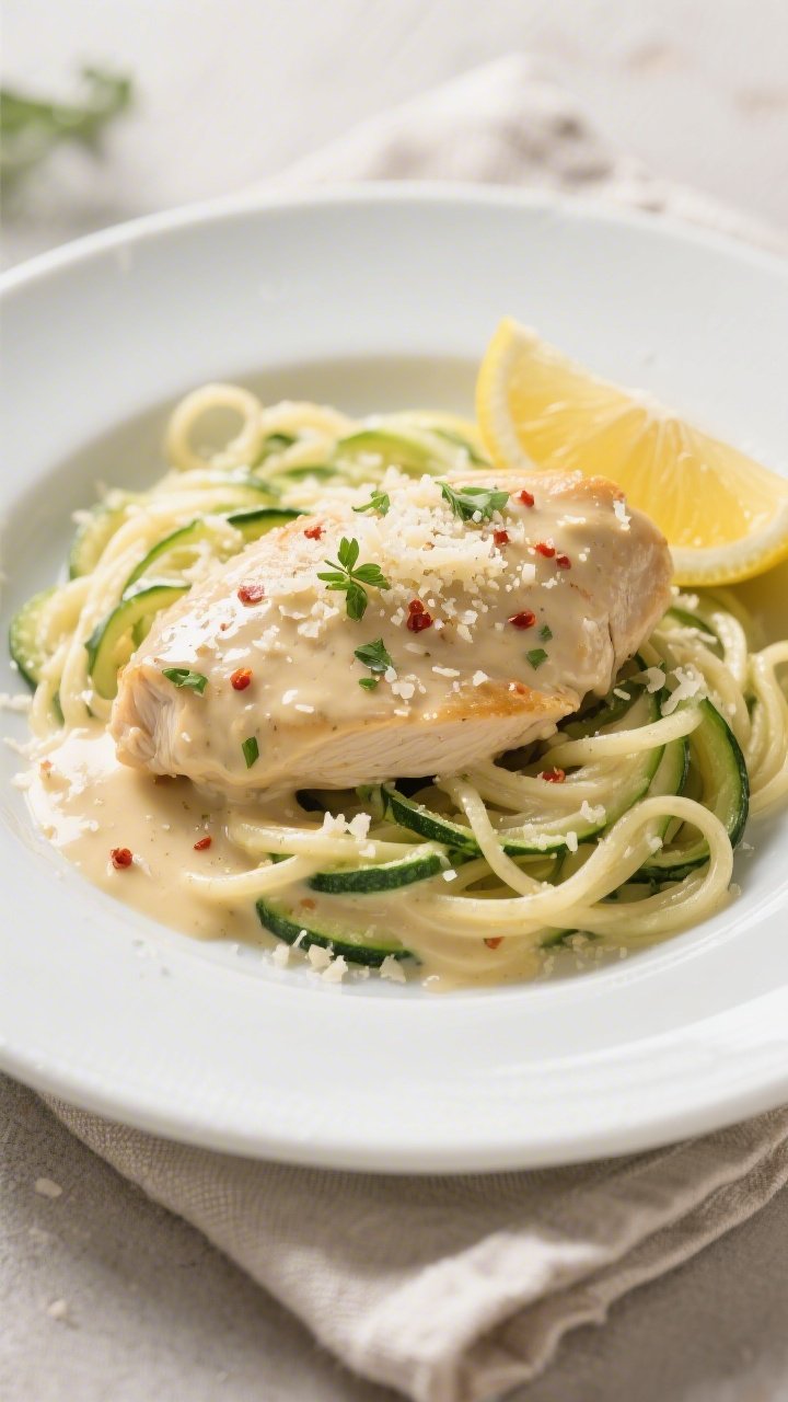 Final dish, plated: Million Dollar Keto Chicken Alfredo plated over twirled zucchini noodles on a wi