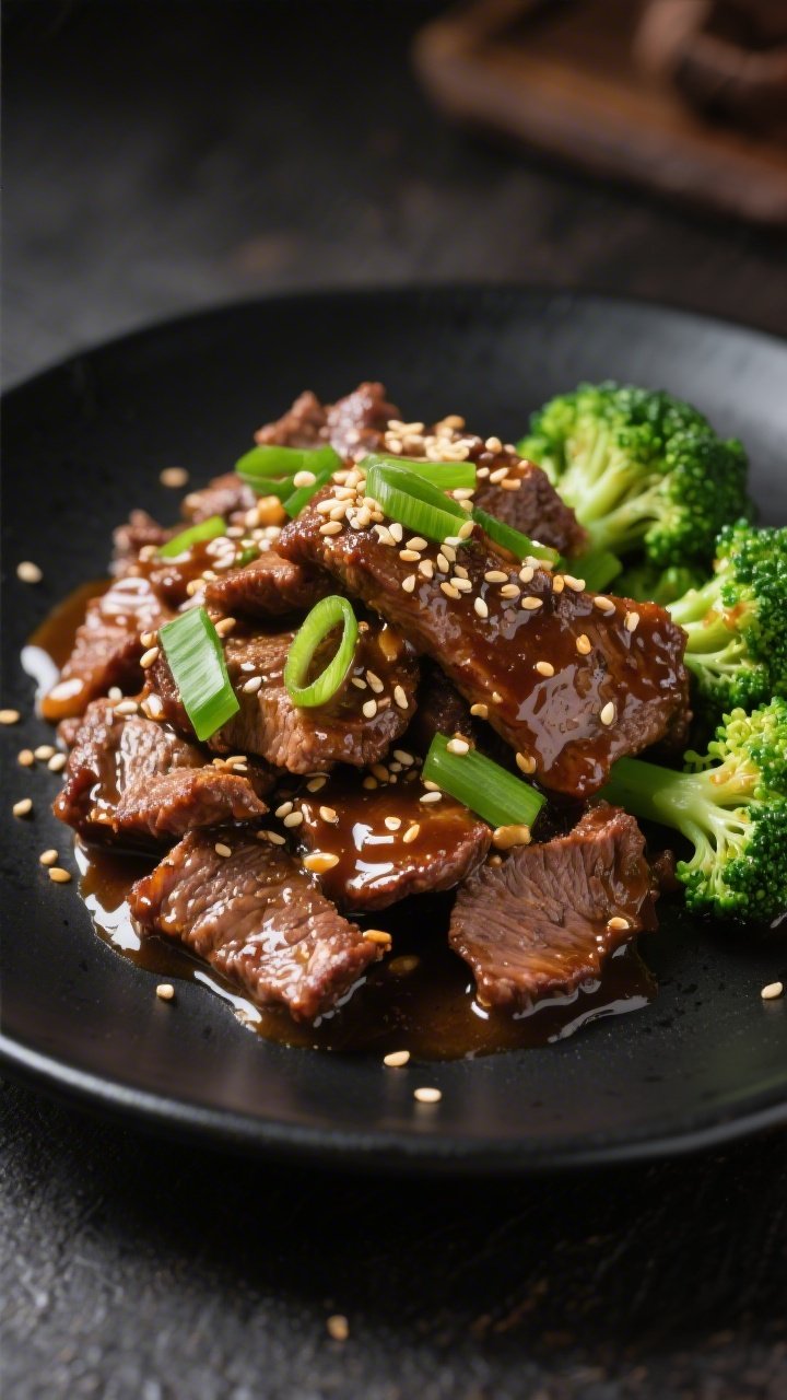 Final dish, plated restaurant-style: Beautifully plated Million Dollar Keto Mongolian Beef piled hig