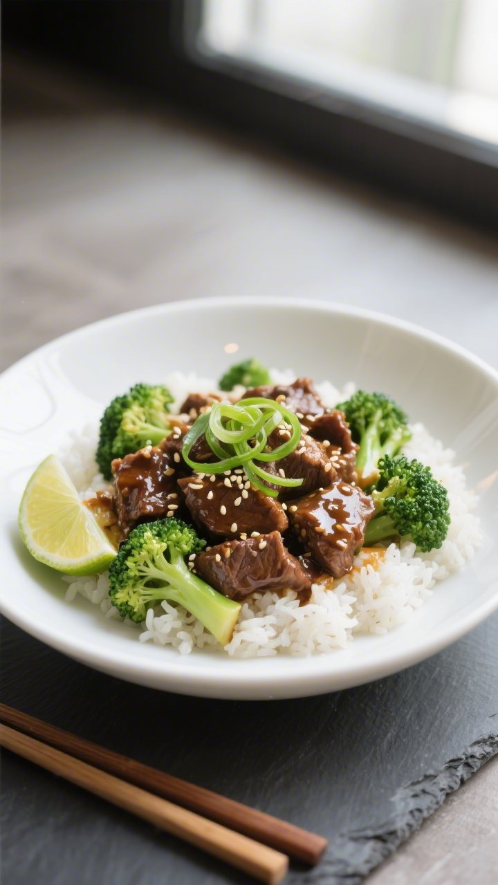 Final dish presentation: Beautifully plated Beef & Broccoli over fluffy steamed white rice in a shal