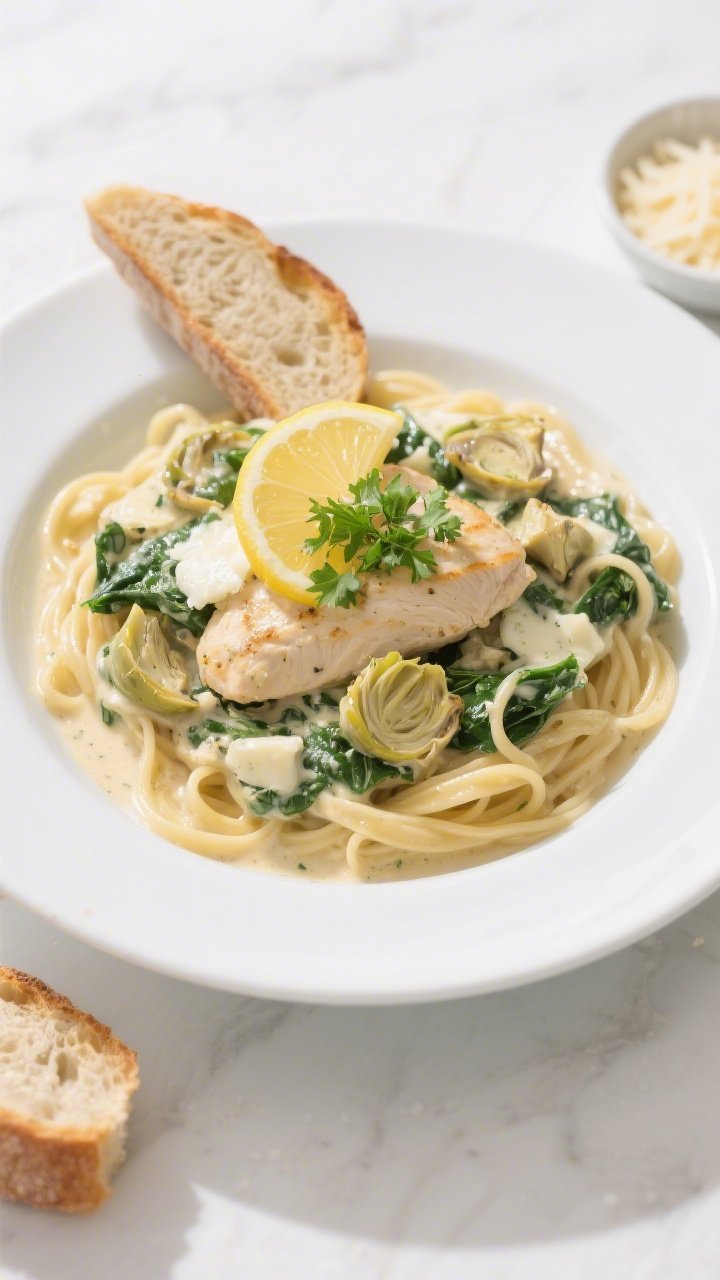 Final dish presentation: Beautifully plated Creamy Spinach Artichoke Chicken on a wide, shallow whit