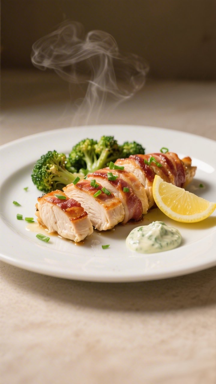 Final dish presentation: Beautifully plated Keto Bacon-Wrapped Chicken with Ranch Glaze on a matte w