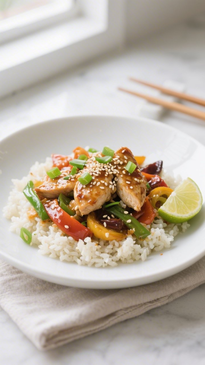Final dish presentation: Beautifully plated Keto Chicken Stir Fry over fluffy cauliflower rice in a 