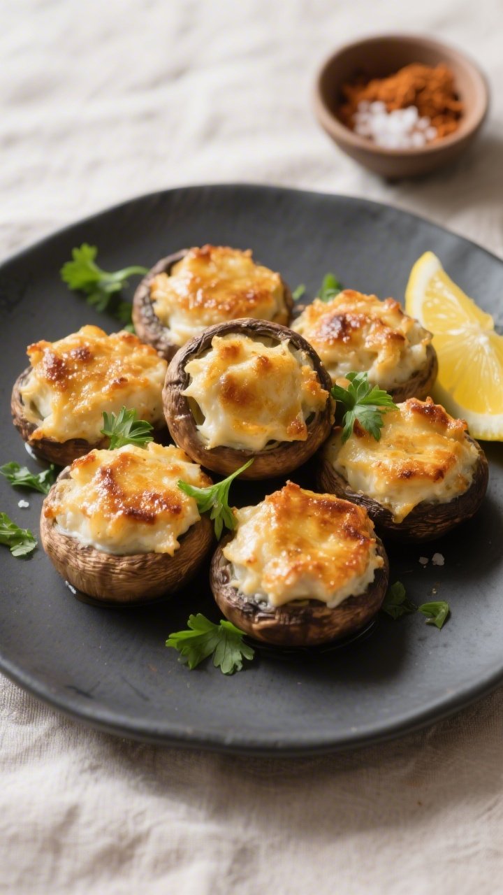 Final dish presentation: Beautifully plated keto crab stuffed mushrooms on a matte charcoal plate, a