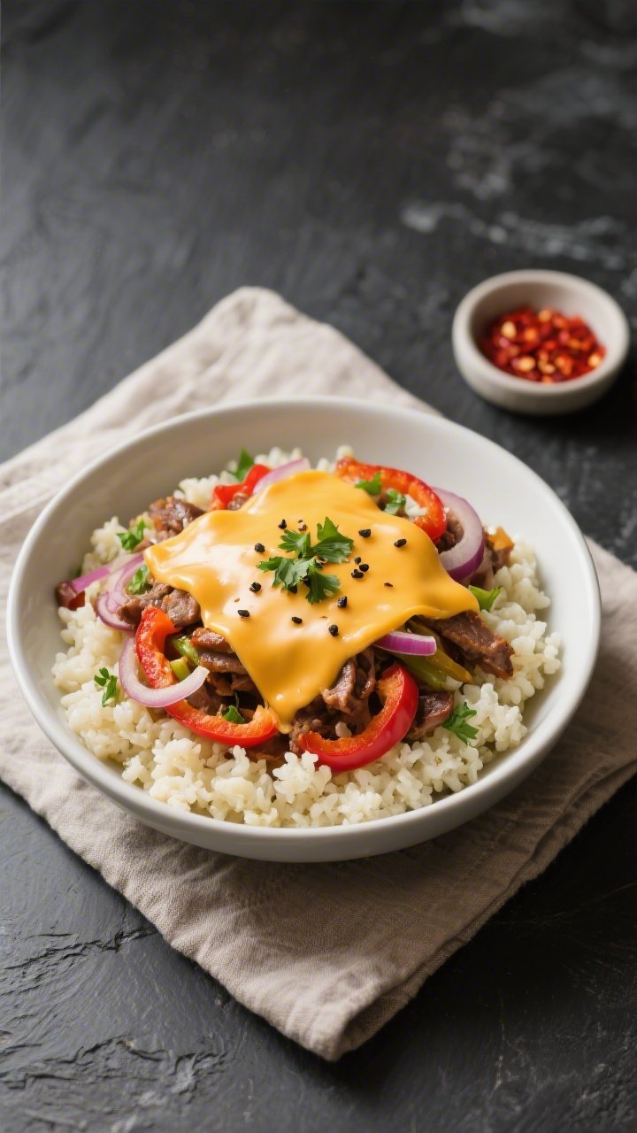 Final dish presentation: Beautifully plated Keto Philly Cheesesteak Bowl over a simple bed of sauté