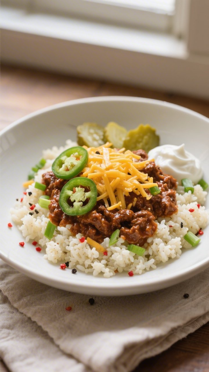 Final dish presentation: Beautifully plated Keto Sloppy Joe Bowl over tender-crisp cauliflower rice 