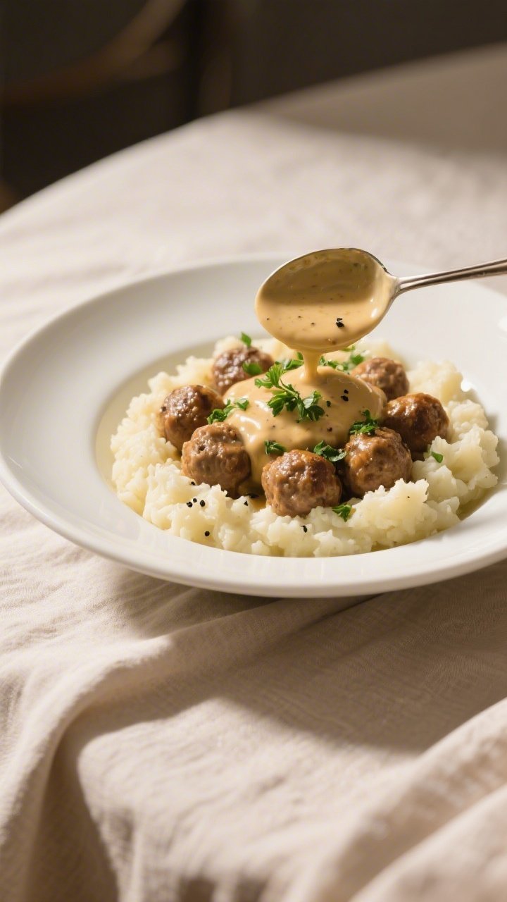 Final dish presentation: Beautifully plated Keto Swedish Meatballs over buttery cauliflower mash on 