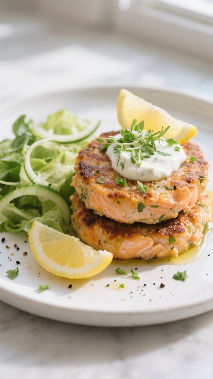 Final dish presentation: Beautifully plated keto salmon patties stacked on a matte white plate with 