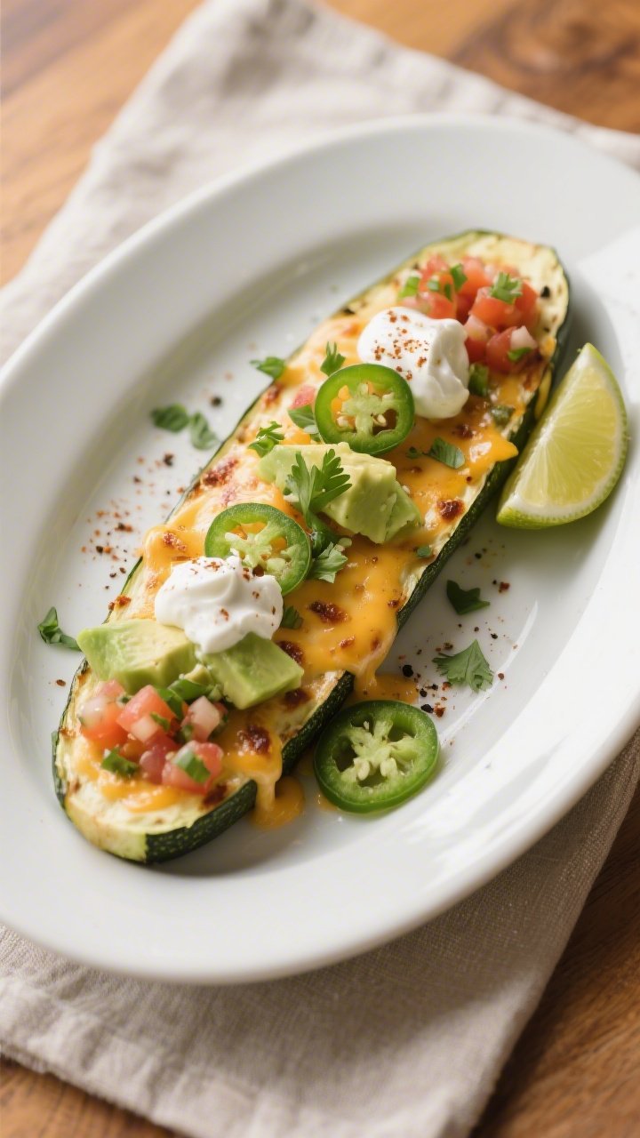 Final dish presentation: Beautifully plated keto taco zucchini boats on a matte white oval platter, 