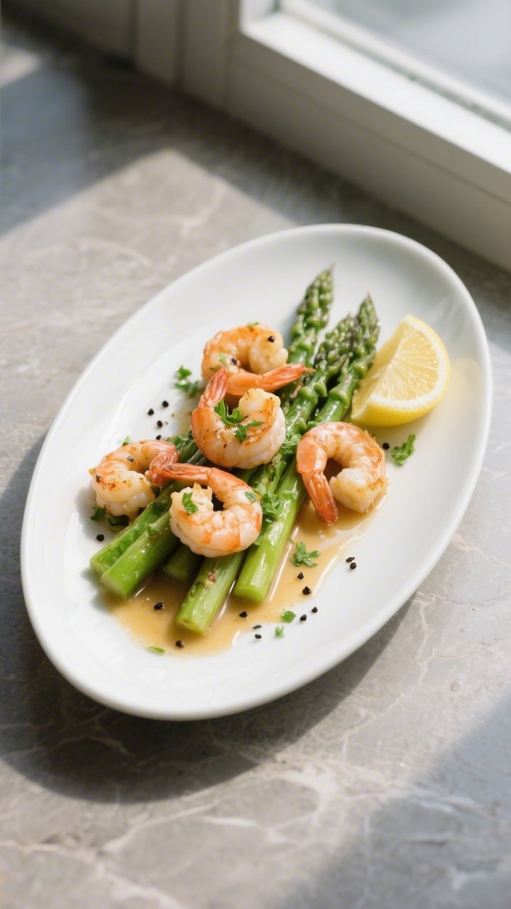 Final dish presentation: Beautifully plated Lemon Garlic Shrimp and Asparagus on a wide, shallow whi