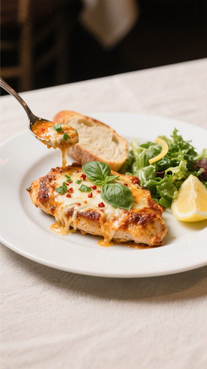 Final dish presentation: Beautifully plated Million Dollar Pizza Chicken breast on a matte white din