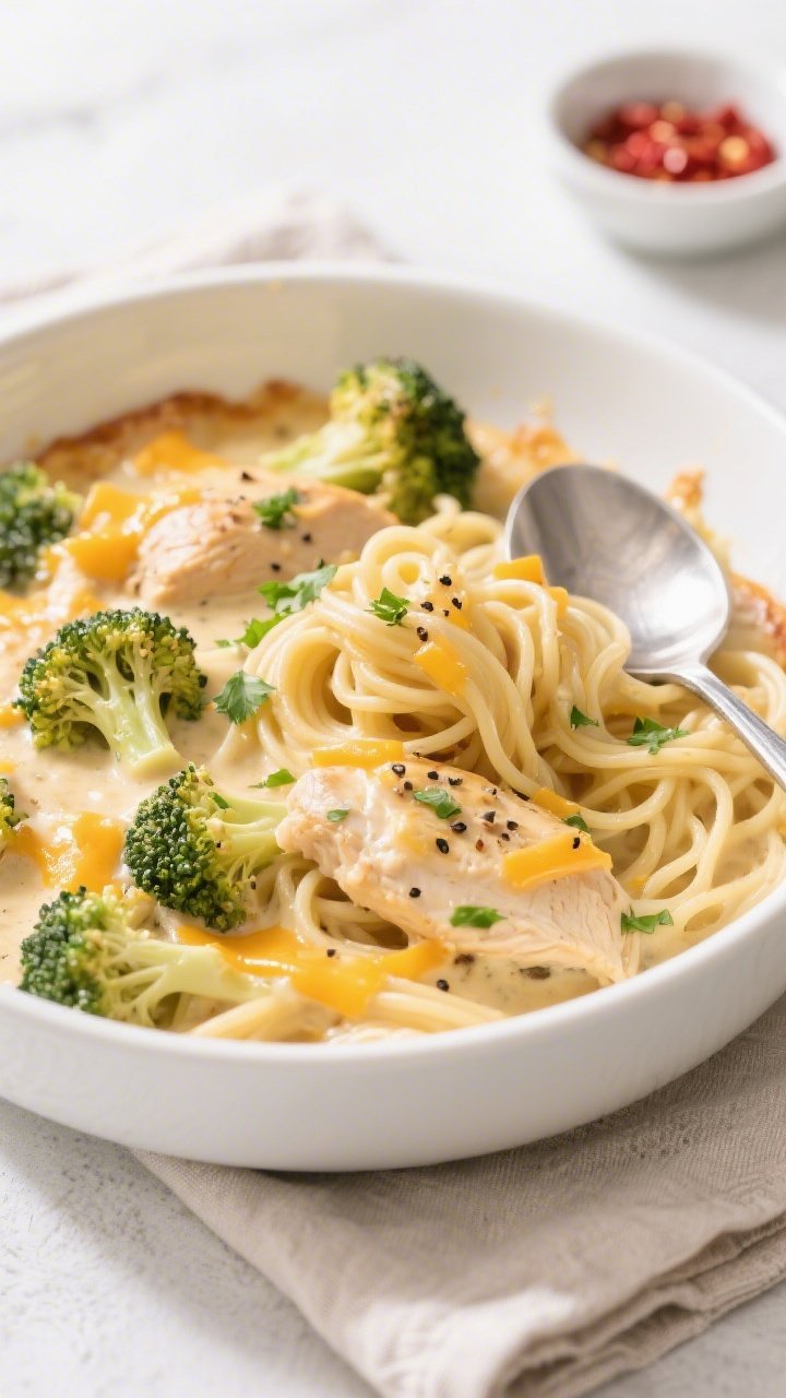 Final dish presentation: Beautifully plated serving of Cheesy Broccoli Chicken Bake in a shallow whi