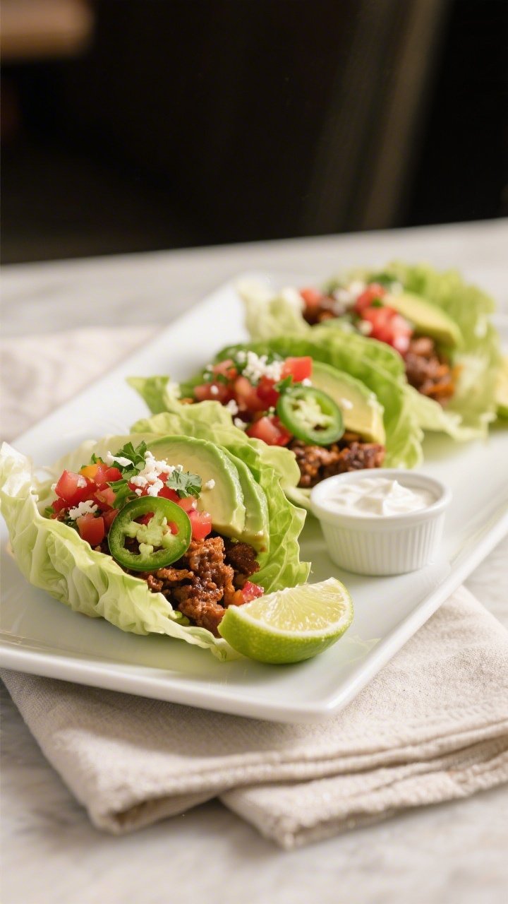 Final dish presentation: Beautifully plated Taco Lettuce Wraps arranged on a long white platter—st