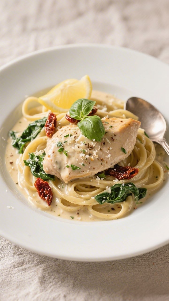 Final dish presentation: Creamy Tuscan Garlic Chicken elegantly plated over al dente fettuccine on a