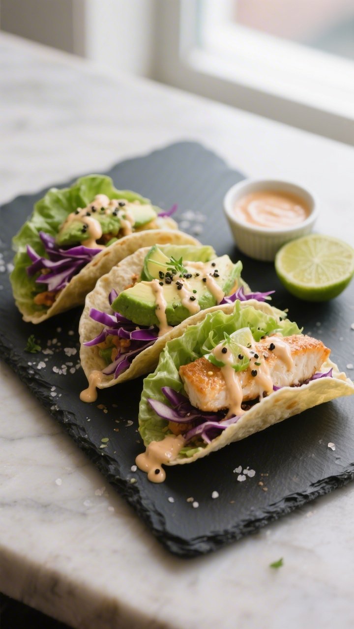 Final dish presentation: Hero plate of three Keto Fish Tacos (lettuce wraps) arranged in a slight fa