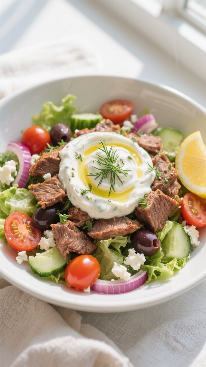 Final dish presentation: Keto Greek Gyro Bowl beautifully plated in a wide, shallow white bowl—bed
