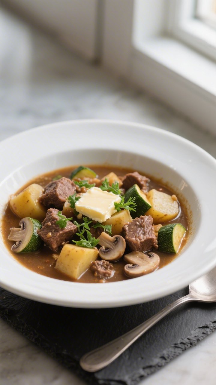 Final dish presentation: Restaurant-quality bowl of Keto Crockpot Beef Stew ladled into a wide, shal