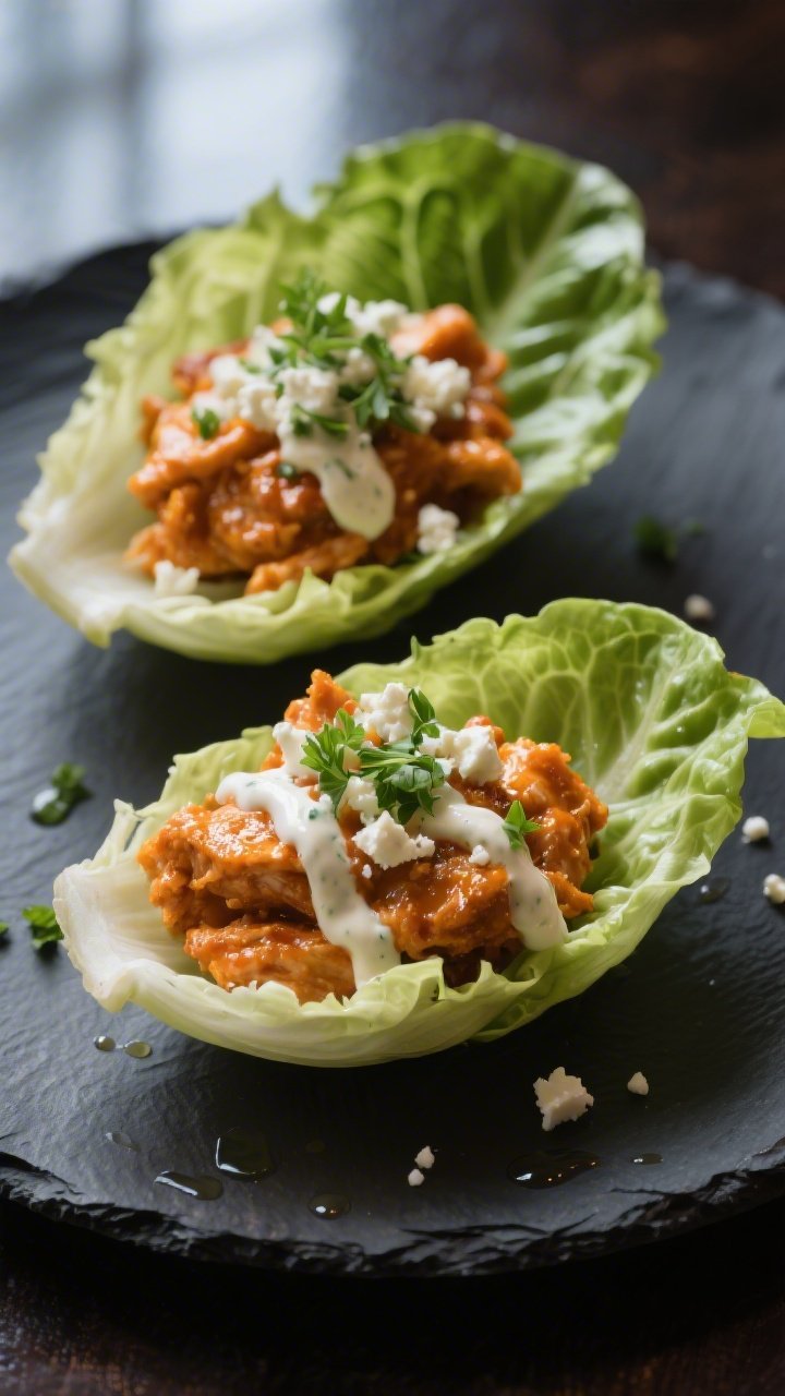 Final dish presentation: Restaurant-quality close-up of two butter lettuce boats on a dark slate pla