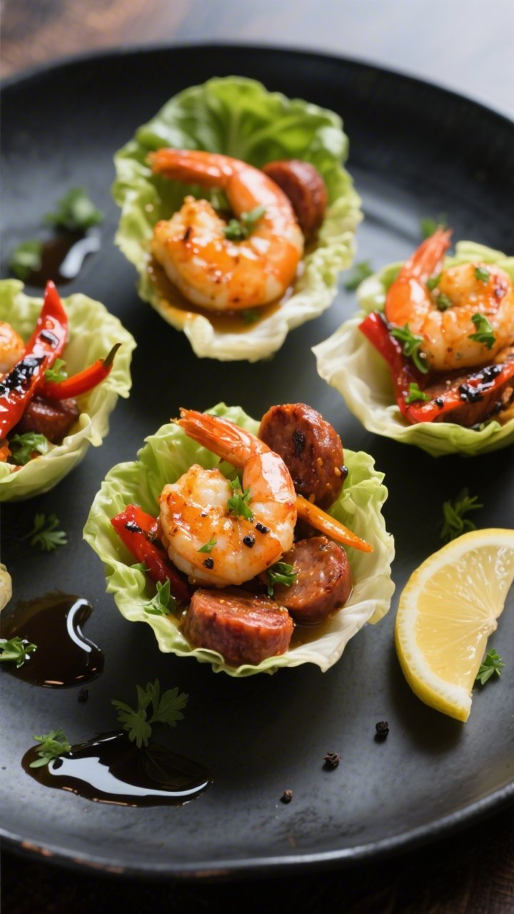 Final dish presentation: Restaurant-quality plate of Cajun shrimp and sausage spooned into crisp but