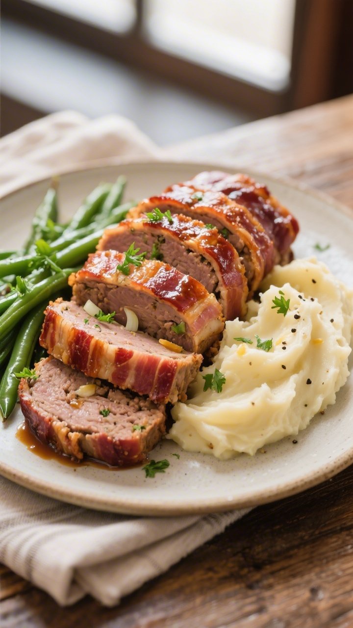 Final dish presentation: Restaurant-quality plate with thick 3/4-inch slices of bacon-wrapped meatlo