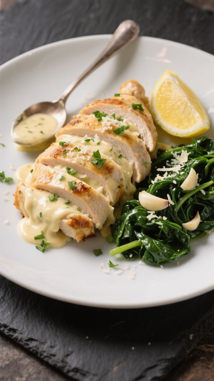 Final dish presentation: Restaurant-quality plate of keto Alfredo stuffed chicken breast sliced on a