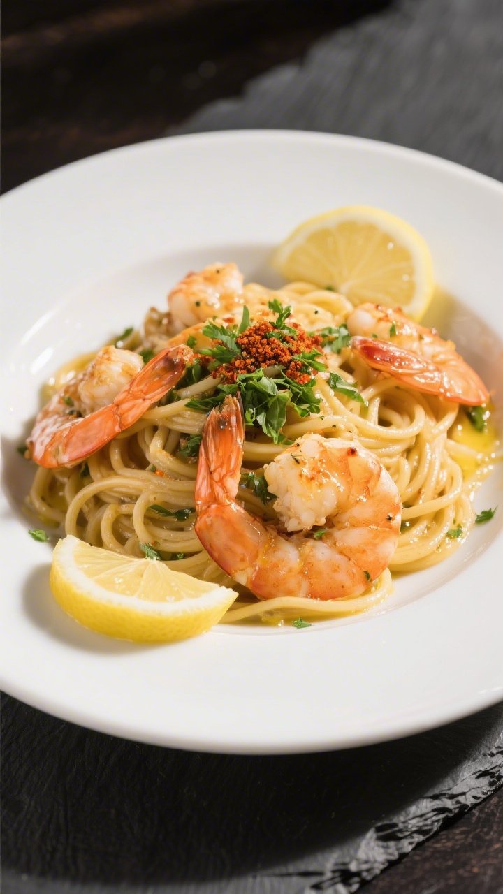 Final dish presentation: Restaurant-quality plate of lemon garlic butter shrimp over al dente spaghe