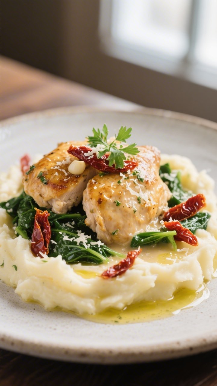 Final dish presentation: Restaurant-quality plated Tuscan chicken over creamy mashed potatoes—gold