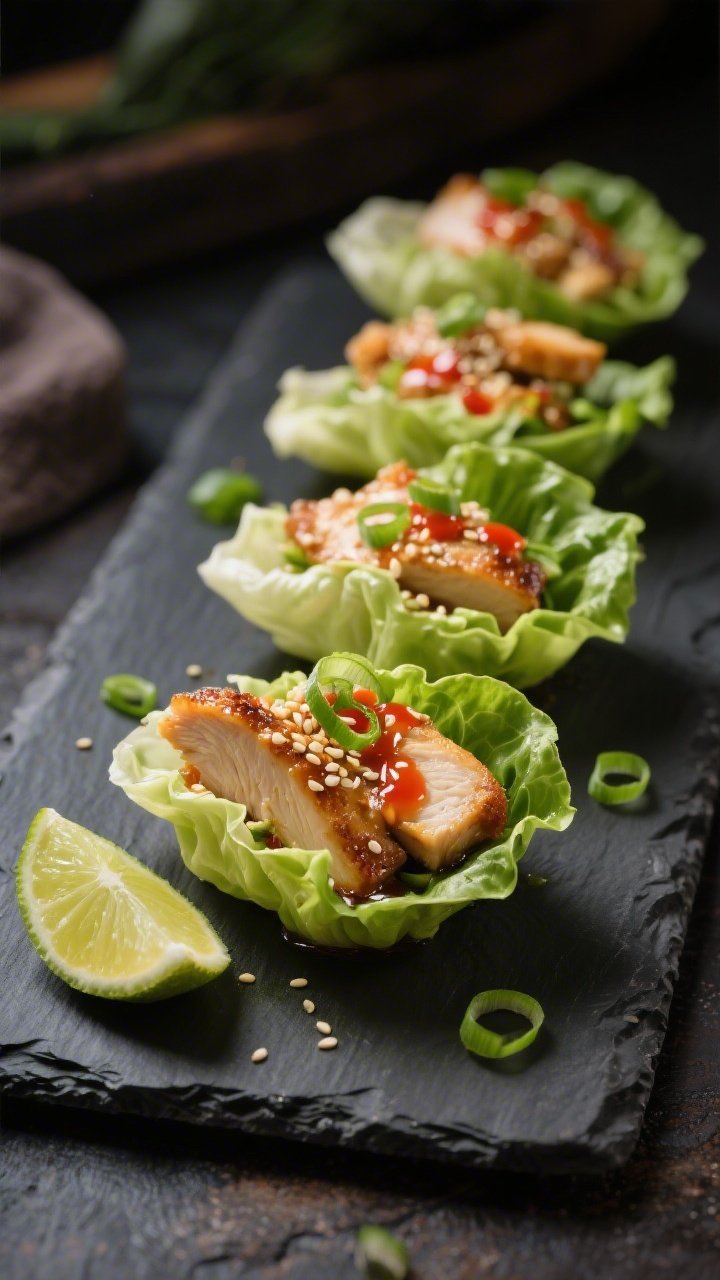 Final dish presentation: Restaurant-quality plated lettuce wraps arranged in a staggered line on a d