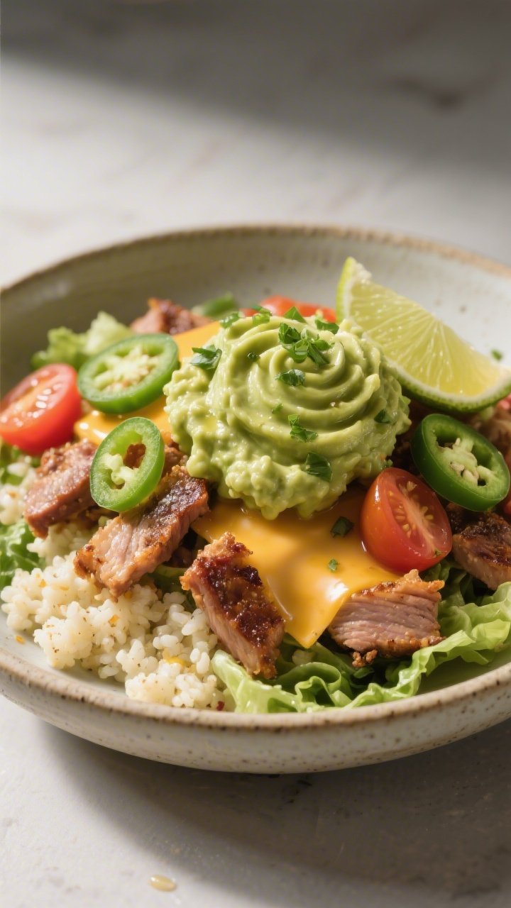 Final dish presentation: Restaurant-quality plated Keto Carnitas-style variation in a shallow stonew