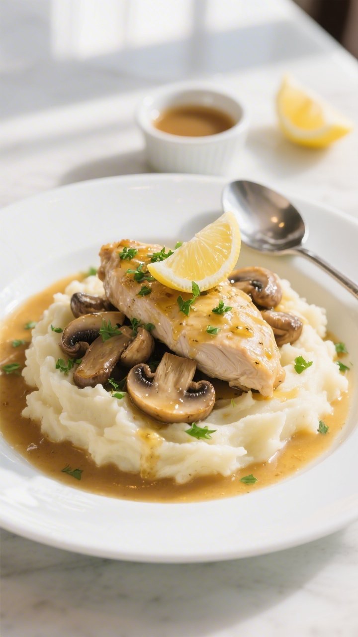 Final dish presentation: Restaurant-quality plated Garlic Butter Chicken and Mushrooms over creamy m