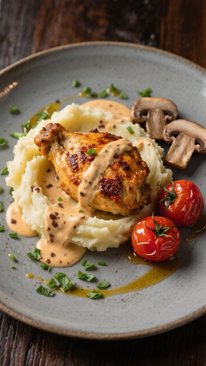 Final dish presentation: Restaurant-quality plating of Cajun chicken with cream sauce over creamy ma