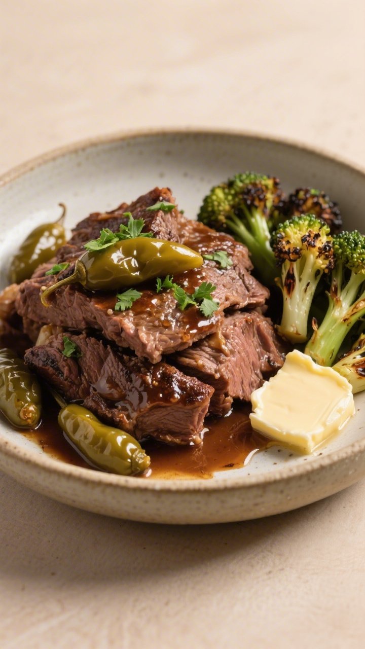 Final dish presentation: Restaurant-quality plating of keto Mississippi pot roast piled high, lacque