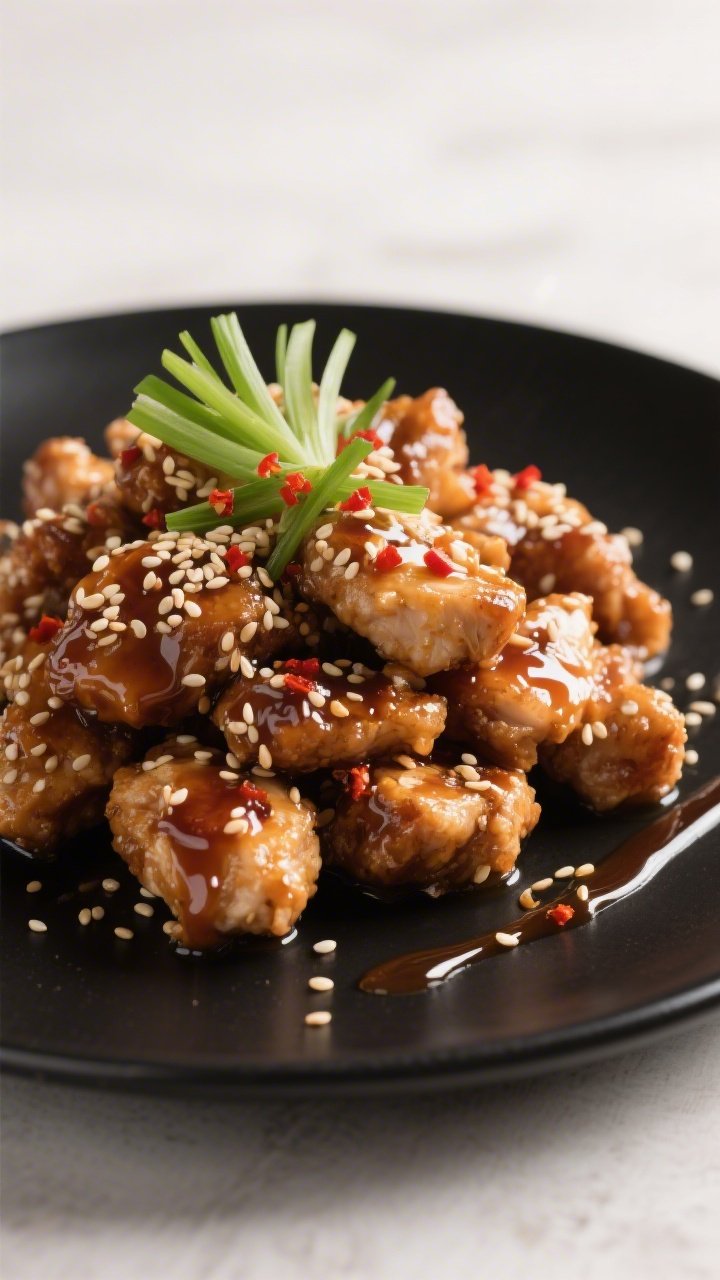 Final dish presentation: Restaurant-quality plating of keto sesame chicken piled high on a matte bla