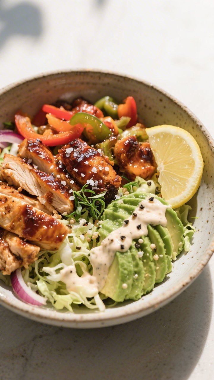 Final dish presentation: Restaurant-quality plating of the Keto BBQ Chicken Bowl in a wide, shallow 