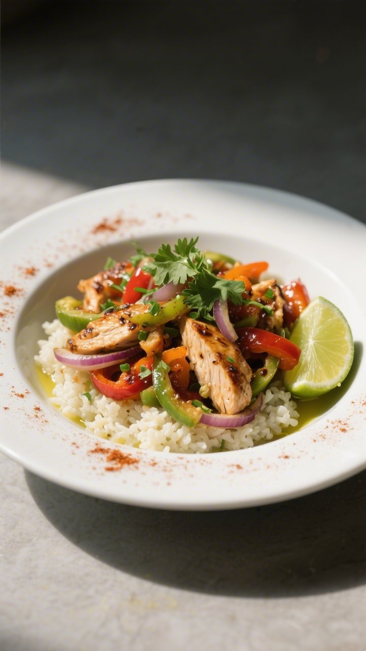 Final dish, restaurant-quality presentation: Beautifully plated Keto Chicken Fajita Bowl in a wide w
