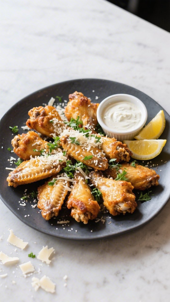 Final dish, tasty top view: Overhead shot of Garlic Parmesan Chicken Wings plated family-style on a 