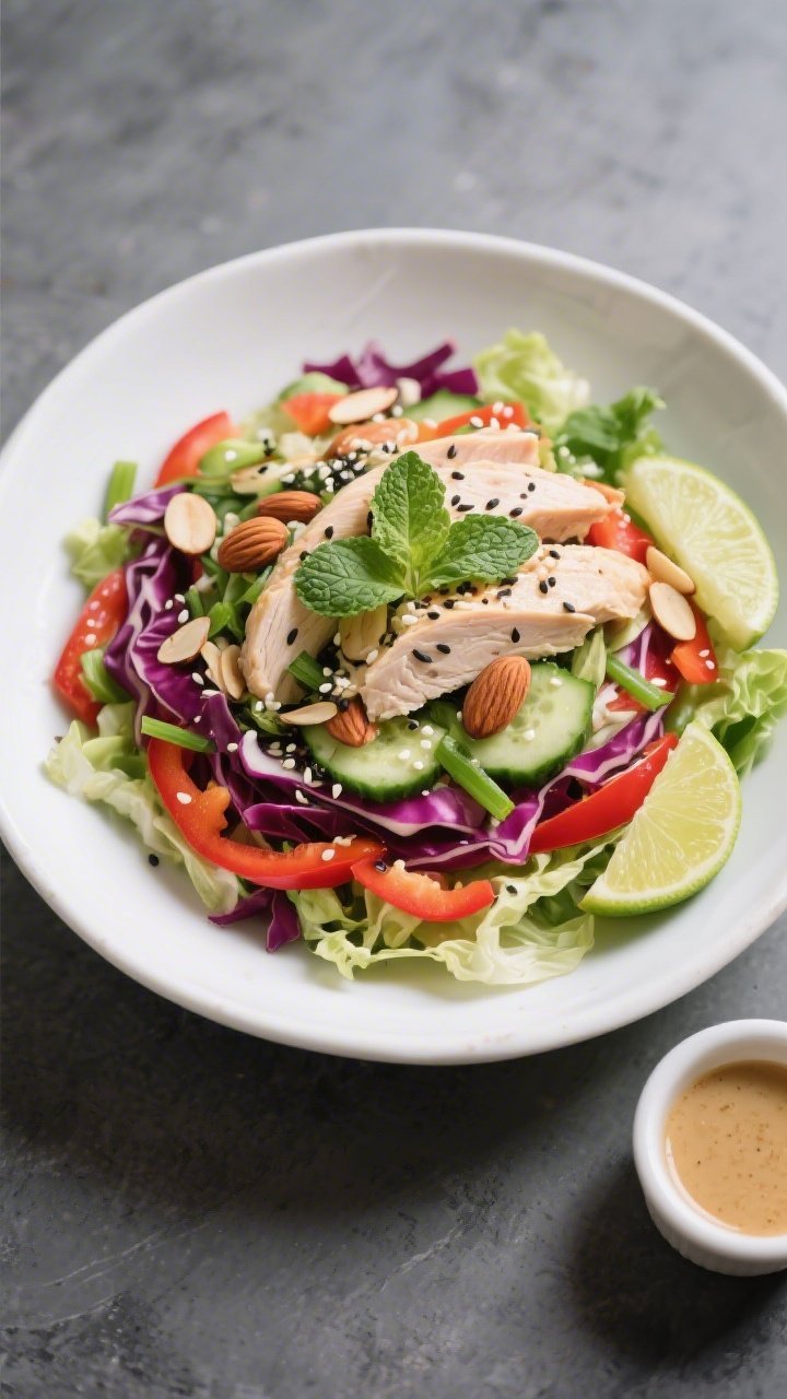 Final dish, top-down: Overhead shot of the fully composed Keto Asian Chicken Salad plated in a wide,