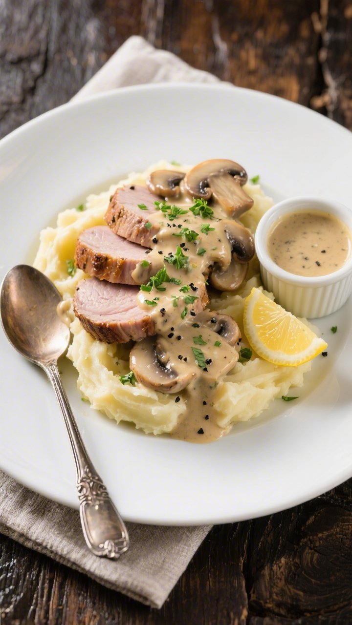 Final dish, top view: Overhead shot of Creamy Mushroom Pork Tenderloin plated restaurant-style—fan