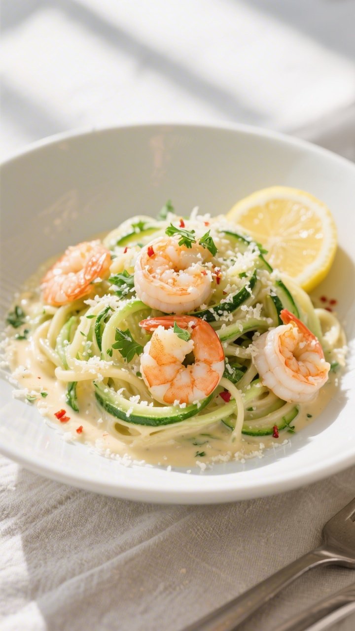 Final dish top view: Overhead shot of Keto Shrimp Alfredo with Zoodles beautifully plated in a wide