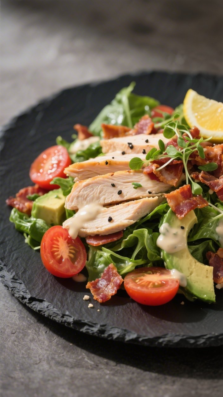 Final plated beauty: Fully assembled Keto BLT Salad with Chicken in a restaurant-quality presentatio