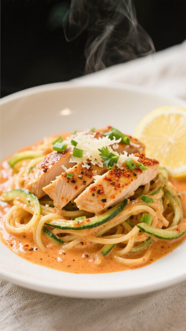 Final plated beauty: Keto Creamy Cajun Chicken “Pasta” twirled with tender-crisp zucchini noodle