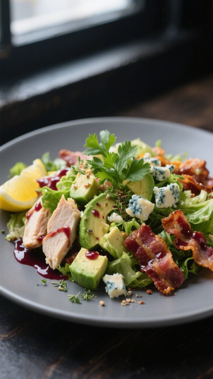 Final plated beauty: Restaurant-quality plated Keto Cobb Salad on a matte gray plate, components gen