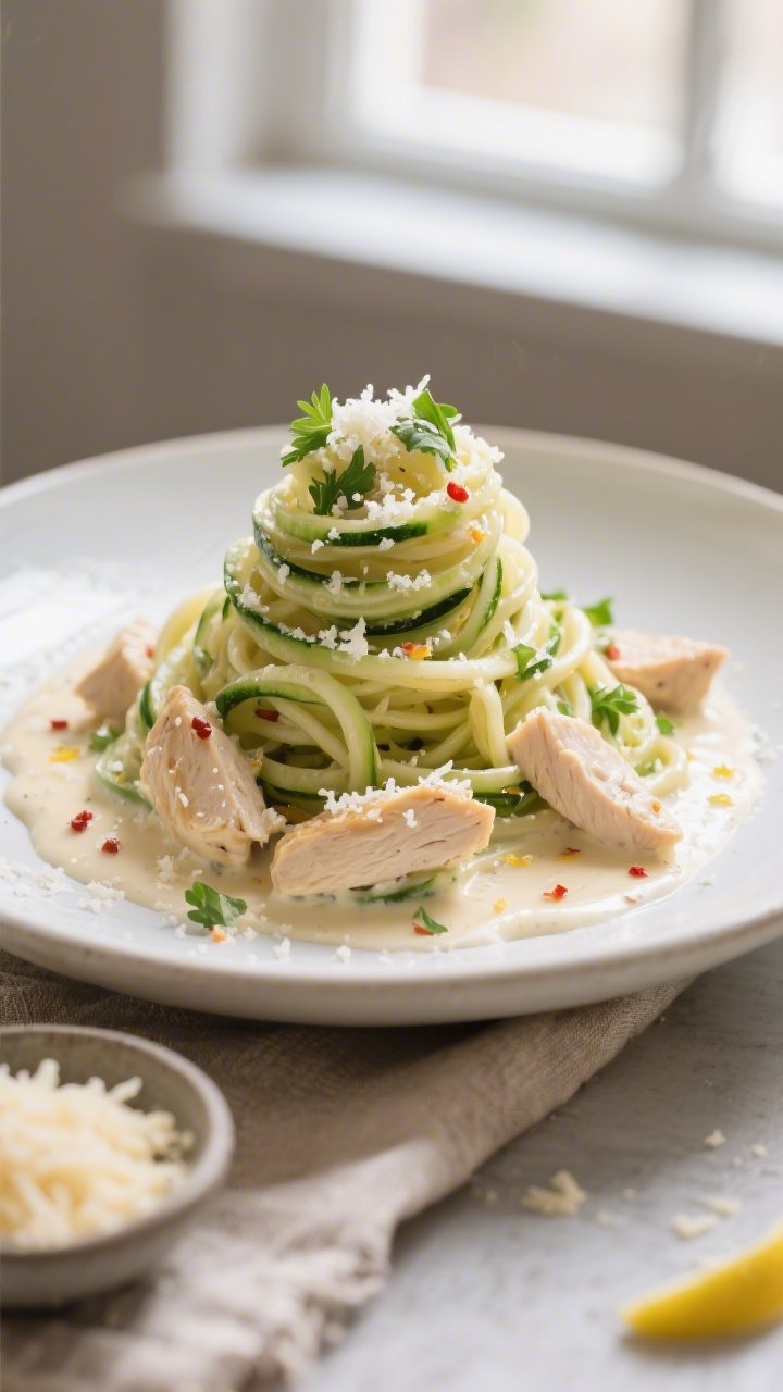 Final plated beauty shot: Keto Chicken Alfredo with Zoodles twirled into a tall nest on a matte whit