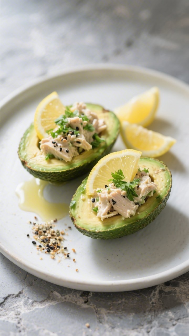 Final plated beauty shot: Keto stuffed avocado halves generously filled with the chicken salad, fini