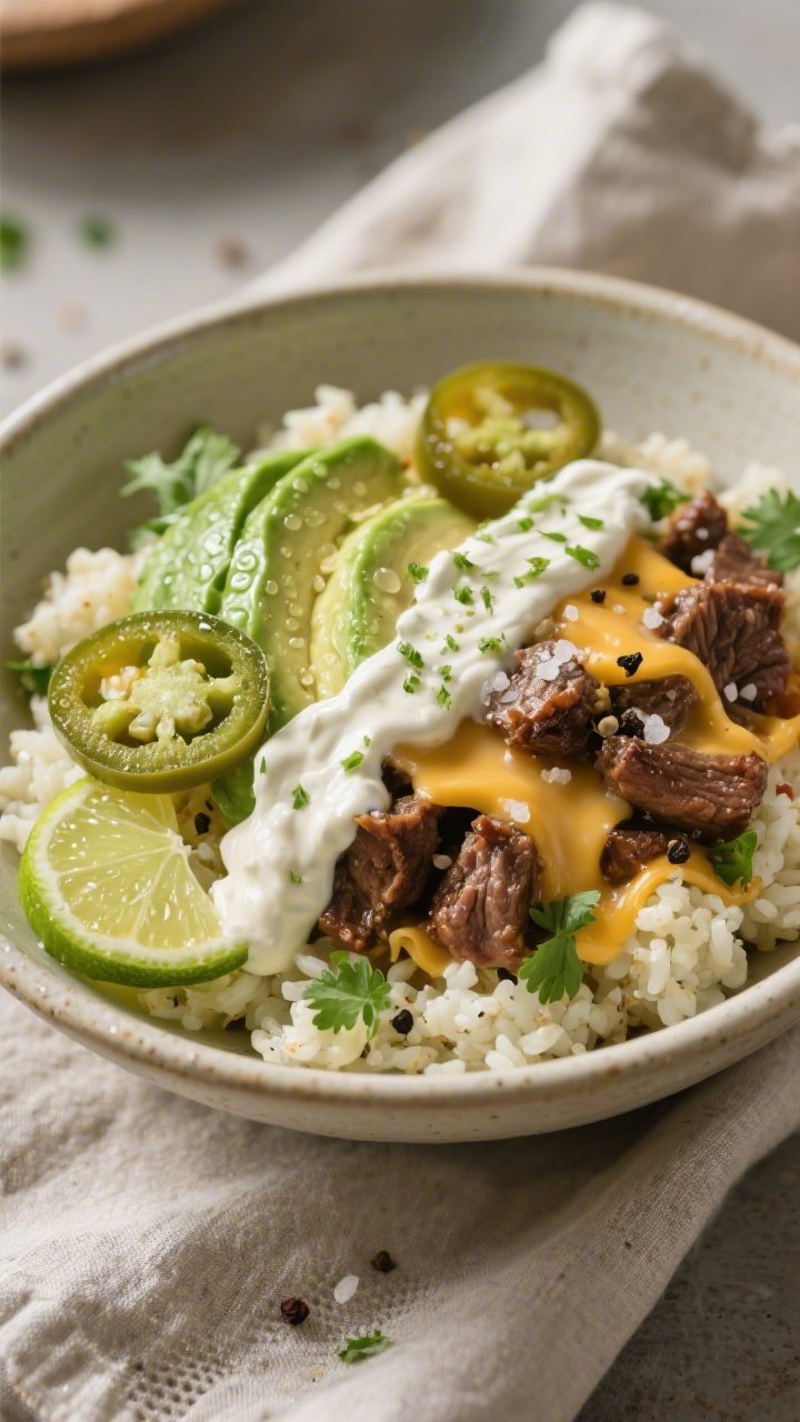 Final plated beauty shot: Restaurant-quality Keto Burrito Bowl presented at a 45-degree angle, tight