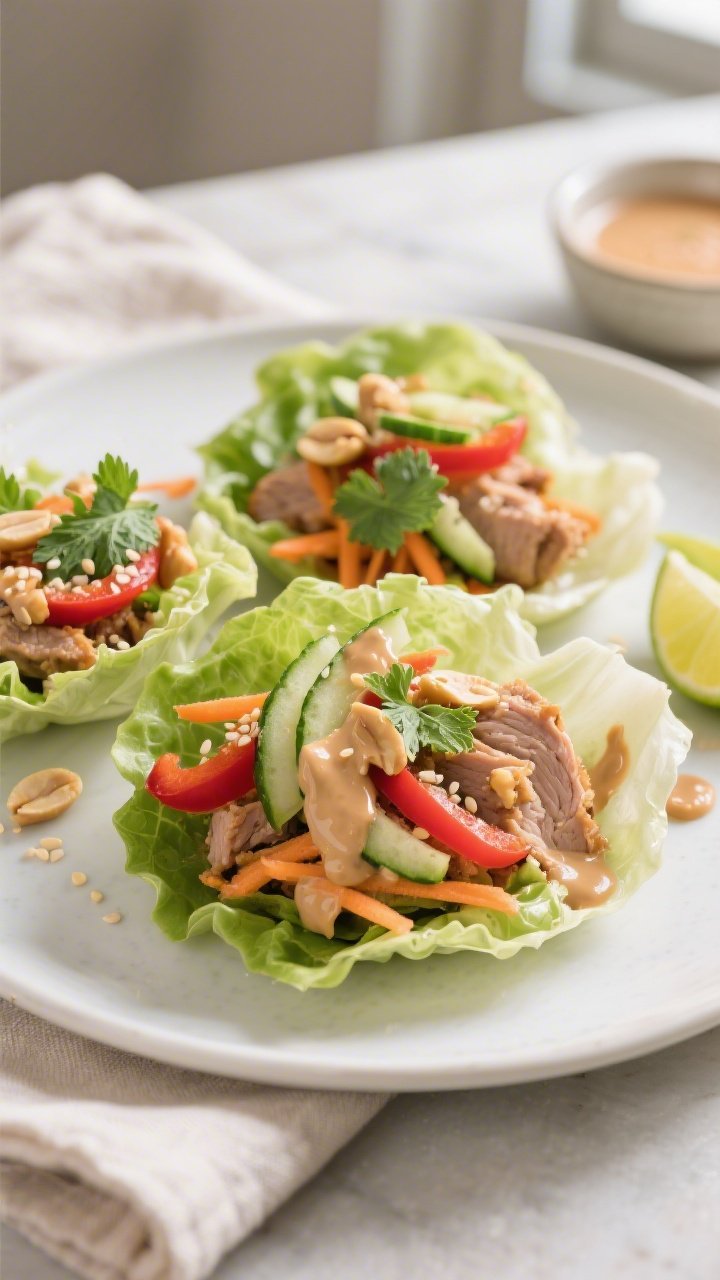 Final plated beauty shot: Turkey lettuce wraps assembled on a matte white plate—crisp butter lettu