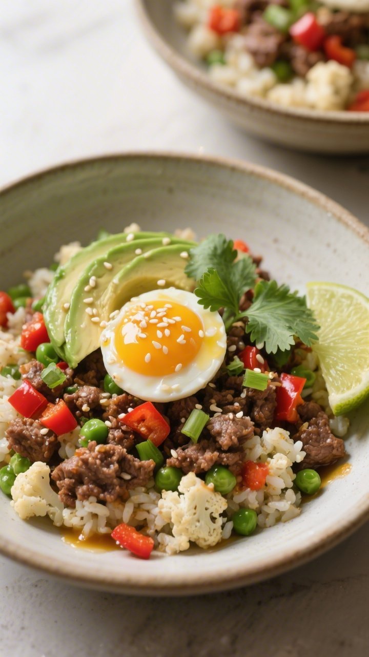Final plated bowl: Ground Beef Cauliflower Rice Bowl served hot in a wide, shallow ceramic bowl—be